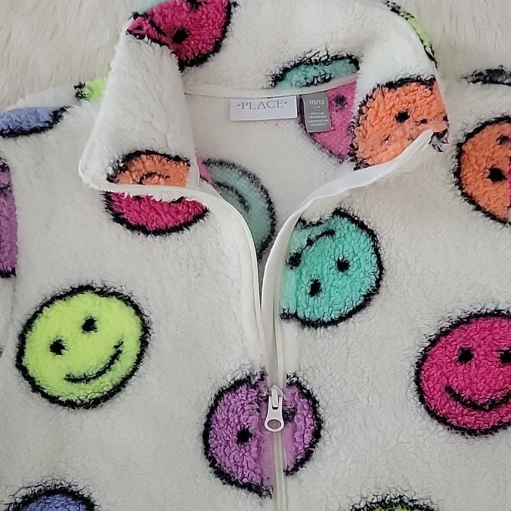 The Children's Place White Sherpa Colorful Emoji Zip Up Jacket Size 10/12